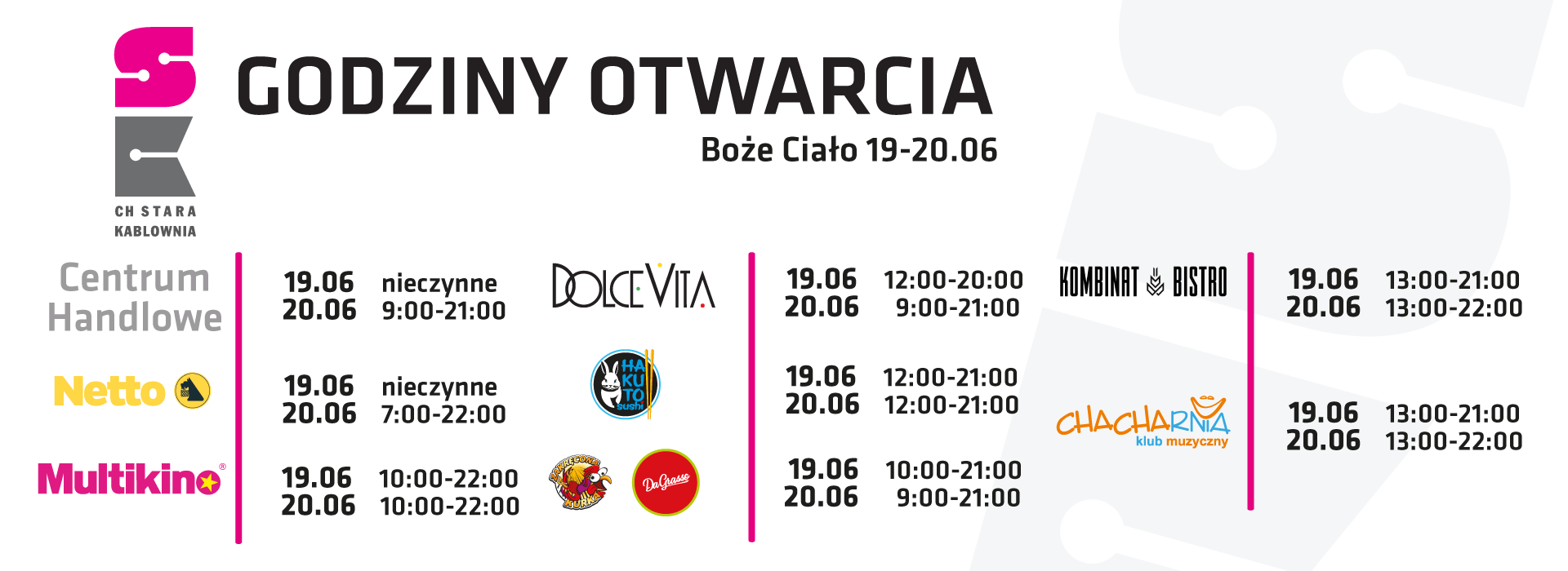 Godziny otwarcia Boże Ciało 19.06
